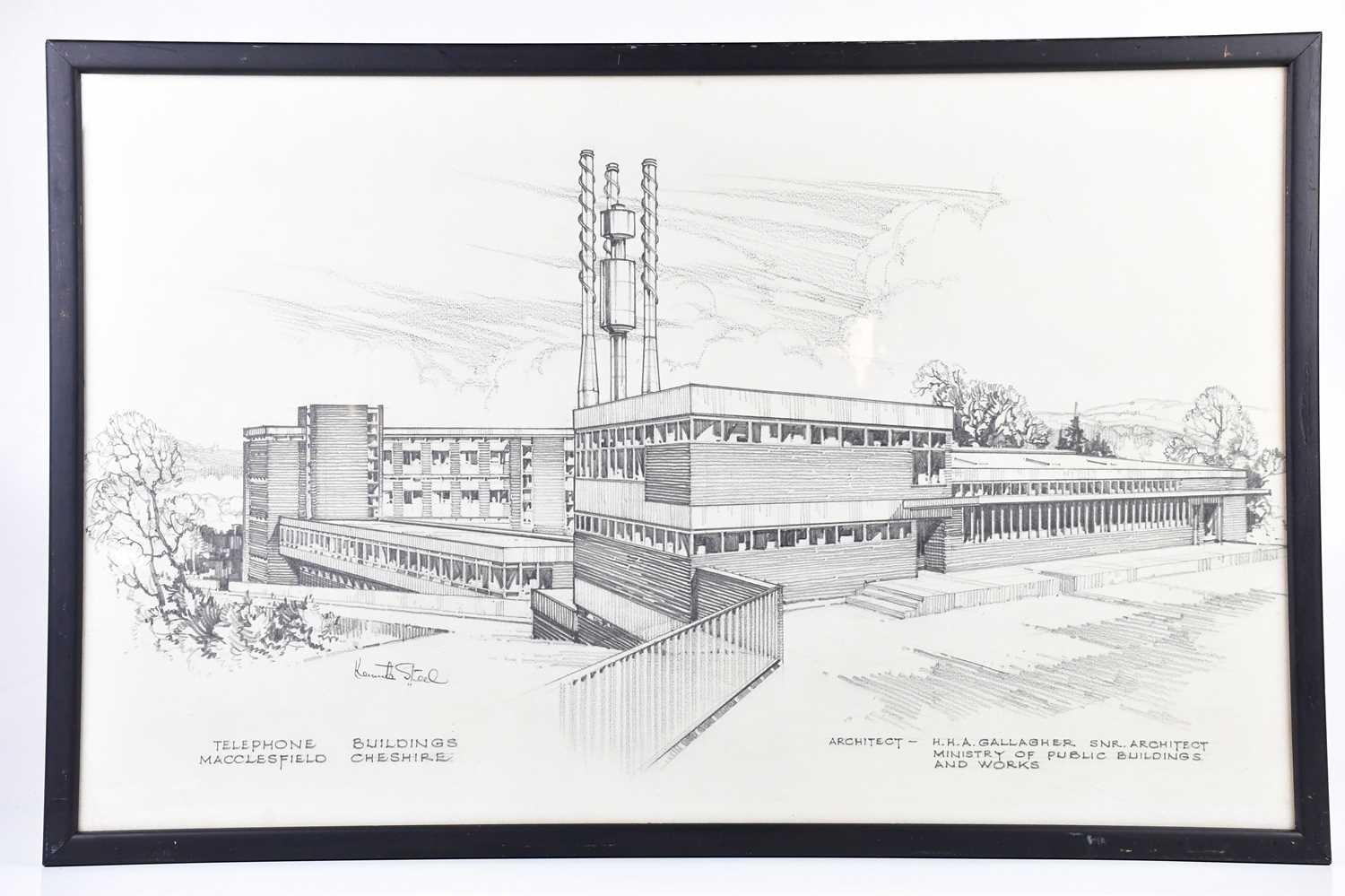 † KENNETH STEEL; a perspective drawing, 'Telephone Building, Macclesfield, Cheshire', signed lower