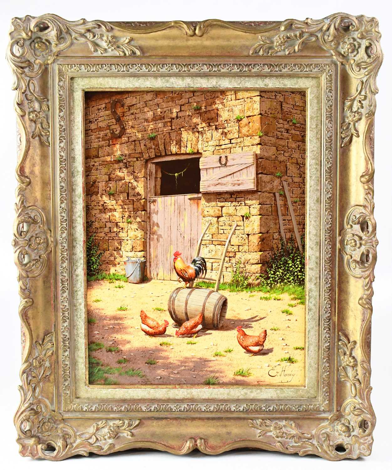 † EDWARD HERSEY (born 1948); acrylic on canvas, cock, hens and barrel, signed, 39 x 29.5cm, in