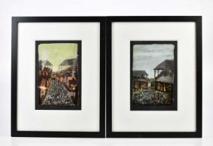 † DAVID BEZ; pair of acrylics on board, 'Going To The Match', and 'Coming From The Match', signed,