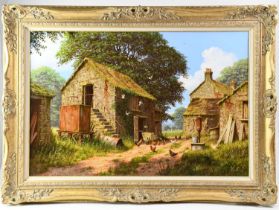 † EDWARD HERSEY (born 1948); acrylic on canvas, farmyard scene with hens and fields in the