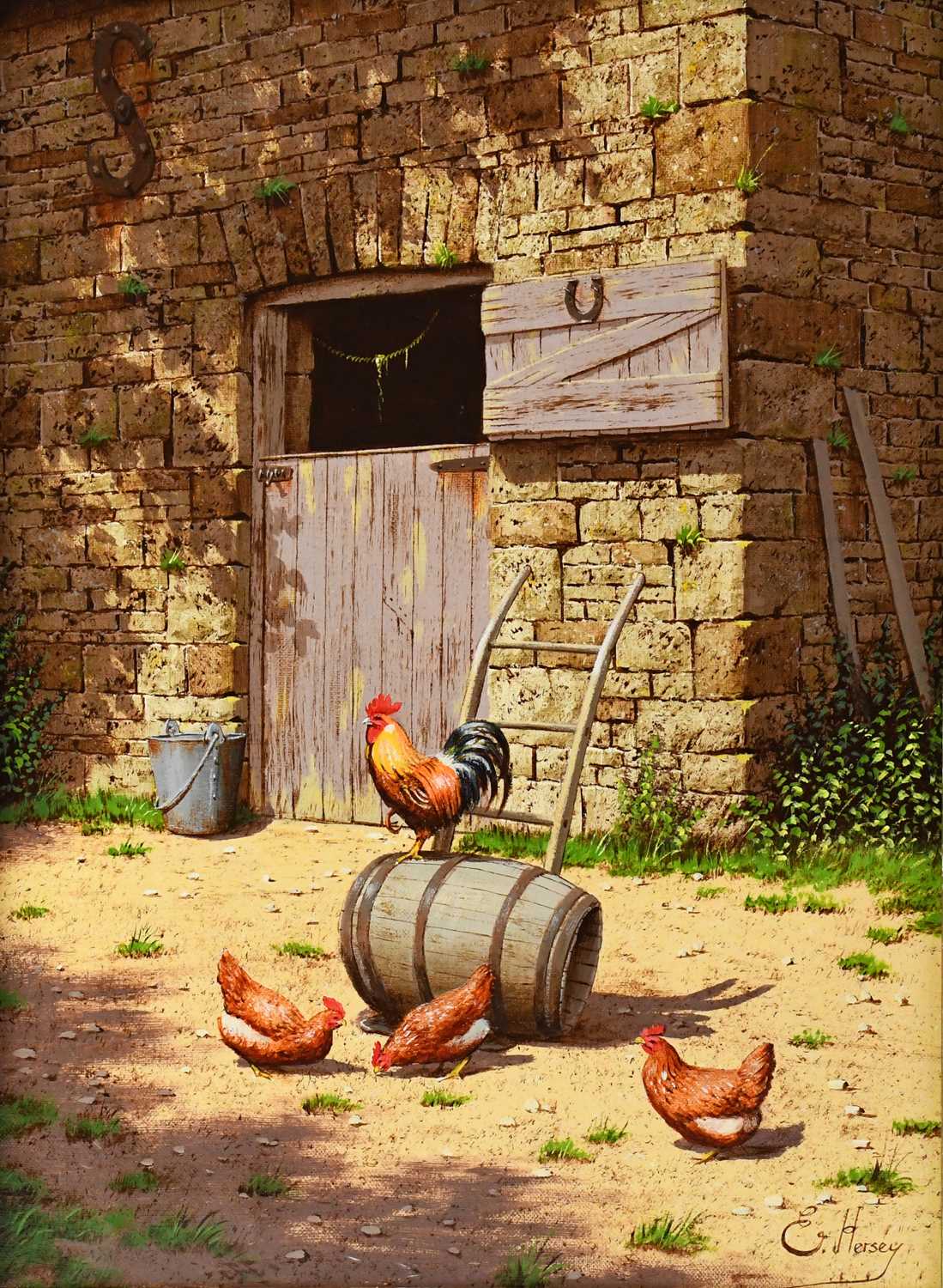 † EDWARD HERSEY (born 1948); acrylic on canvas, cock, hens and barrel, signed, 39 x 29.5cm, in - Image 2 of 4