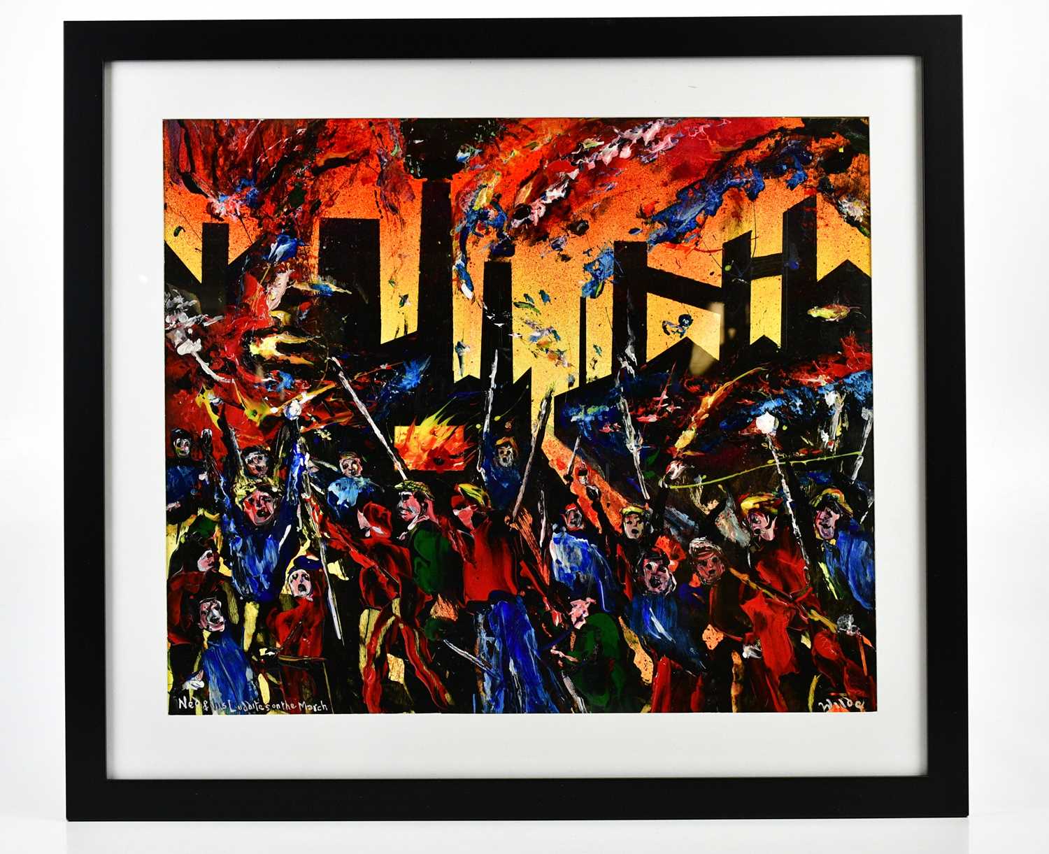 † DAVID WILDE (1918-1978); acrylic on board, 'Ned & his Luddites on the March', signed, 41 x 48cm,