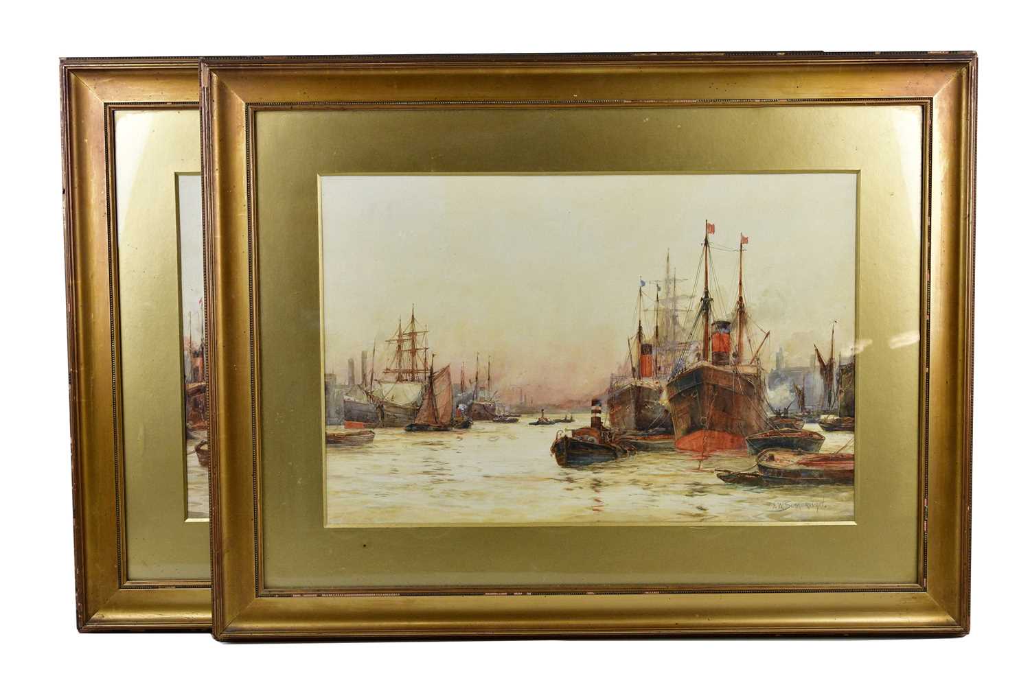 FREDERICK WILLIAM SCARBOROUGH (1860-1939); a pair of watercolours, each of shipping scenes, both