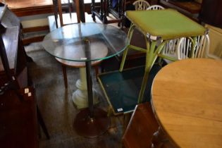 Two green wicker effect side tables, one with glass top, together with a modern glass topped bar