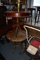 A Victorian Britannia pub table with wooden top, diameter 75cm, and a reproduction mahogany drum