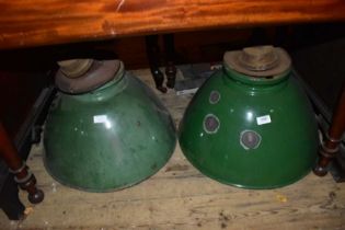 Two large vintage green enamel light shades, diameter approx 40cm.