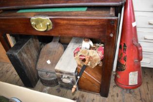 A 1920s oak two door stationery box, studded set of foot bellows, cutlery drawer, copper tea urn,