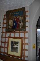 A 19th century needlework tapestry religious scene with Christ and figures in gilt frame, a modern