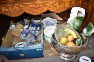 A mixed lot of assorted ceramics and metalware including a silver plated punch bowl, chamber pot,