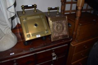 Four 19th century brass footmen and two brass coal buckets (6).