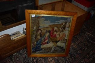 A 19th century needlework religious scene, Mary, Joseph and the Three Wise Men with Baby Jesus, 64 x