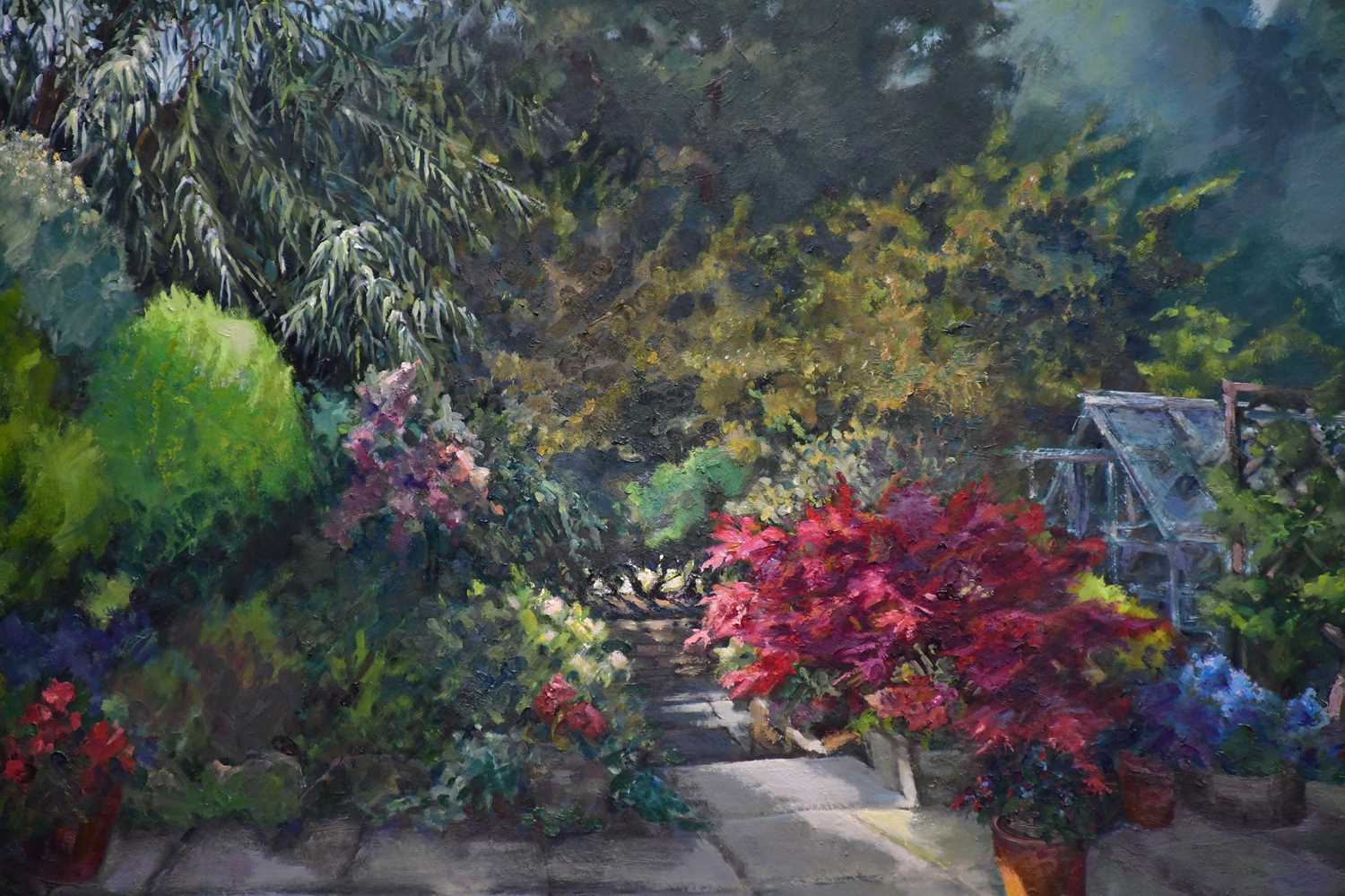 † JUNE BEVAN; oil on board, 'The Garden in June', signed lower right, 75 x 100cm, framed. - Image 2 of 2