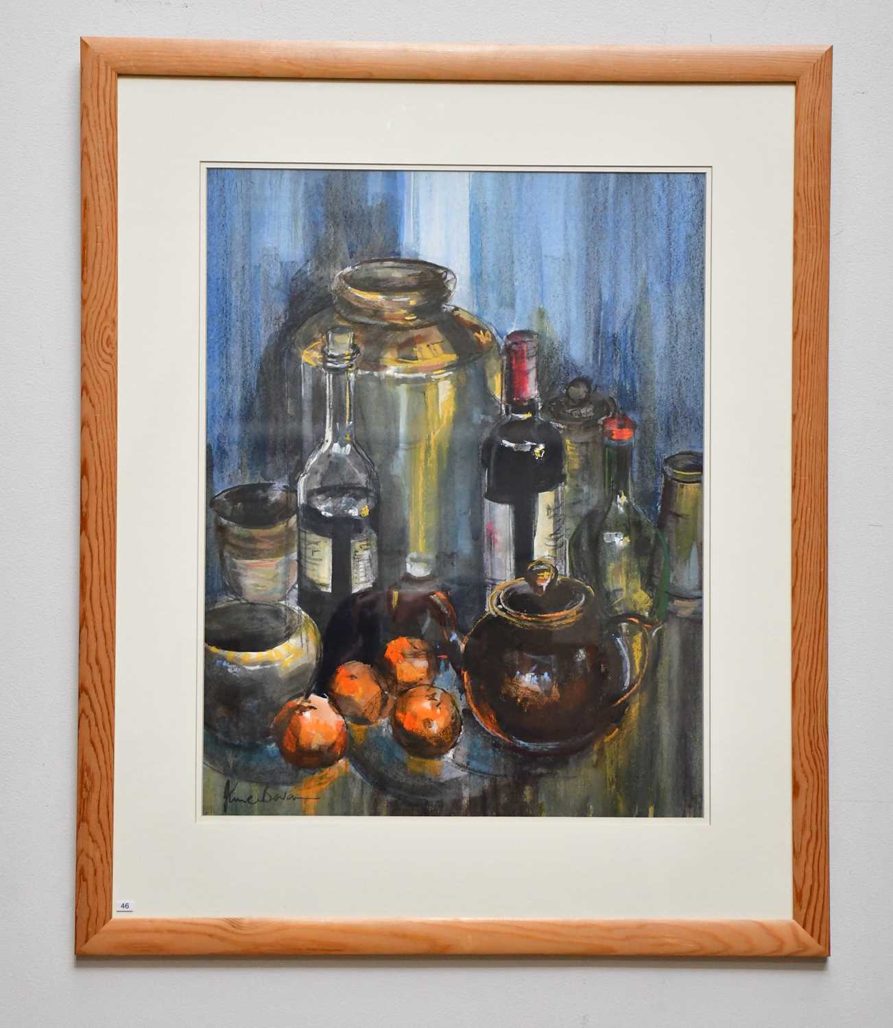 † JUNE BEVAN; watercolour, 'Brown Teapot and Wine Bottles', signed lower left, 52 x 40cm, framed and