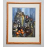 † JUNE BEVAN; watercolour, 'Brown Teapot and Wine Bottles', signed lower left, 52 x 40cm, framed and