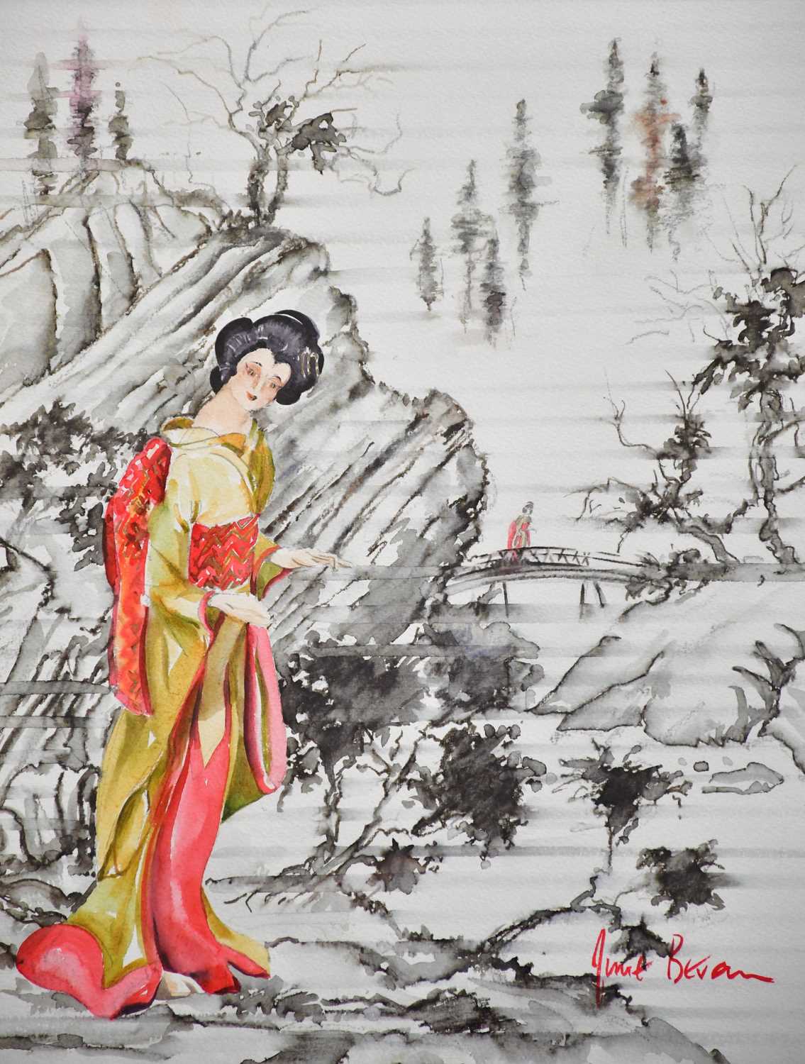 † JUNE BEVAN; watercolour, 'Chinese Scroll', signed lower right, 49 x 40cm, framed and glazed. - Image 2 of 2