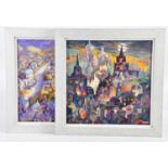 † JUNE BEVAN; a pair of oils on canvas, 'Townscape at Night' and 'Sun over Suburbia', both signed