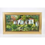 † JUNE BEVAN; oil on board, 'House behind the Church', signed lower right, 30 x 60cm, framed.