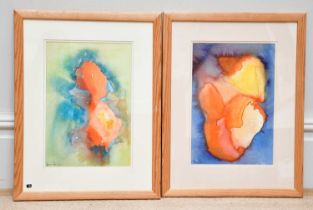 † JUNE BEVAN; a pair of watercolours, 'Orange and Turquoise' and 'Orange and Blue', both signed