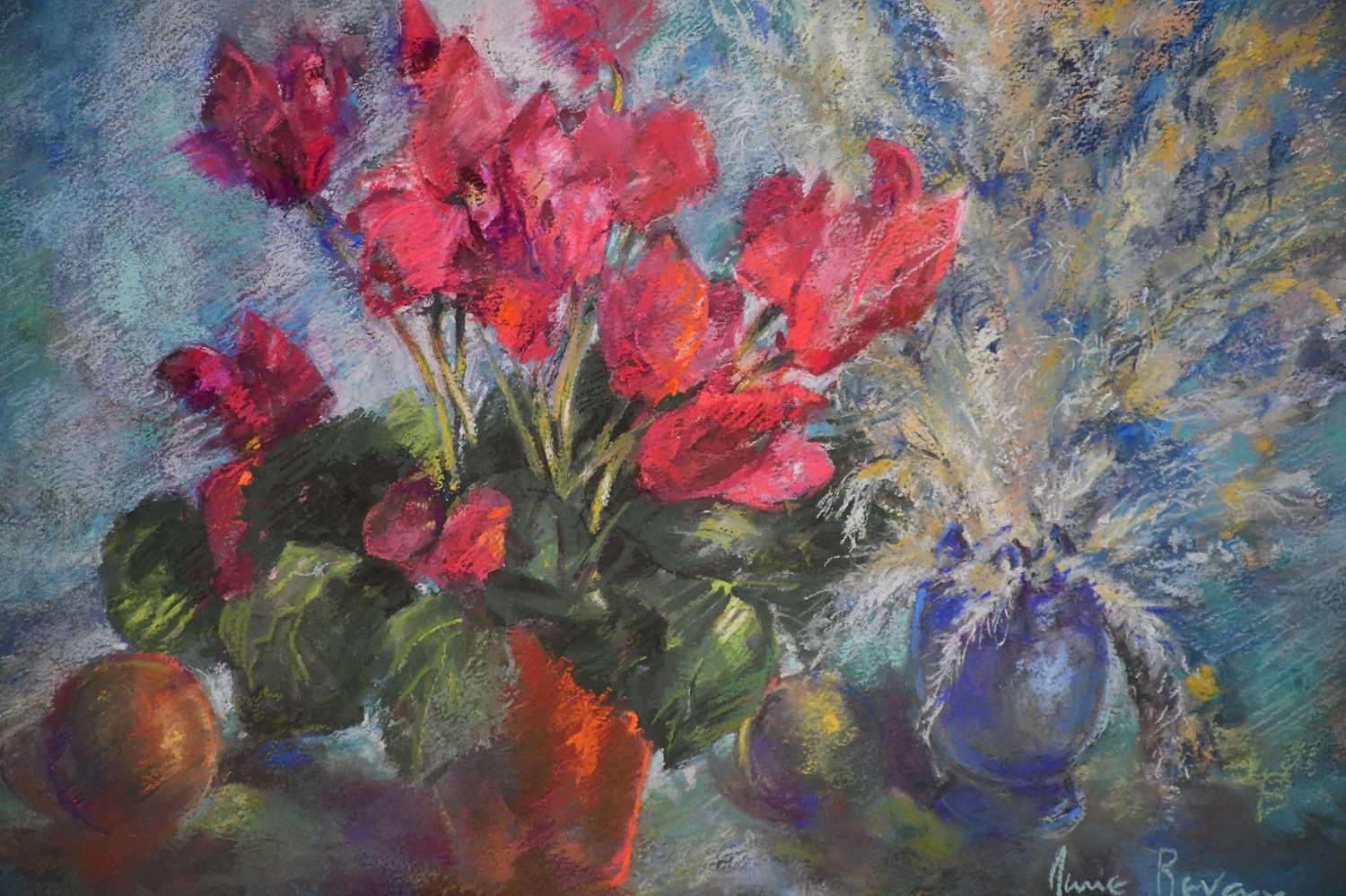 † JUNE BEVAN; pastel, 'Cyclamen and Pampas Grass', signed lower right, 36 x 51cm, framed and - Image 2 of 2