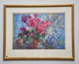 † JUNE BEVAN; pastel, 'Cyclamen and Pampas Grass', signed lower right, 36 x 51cm, framed and