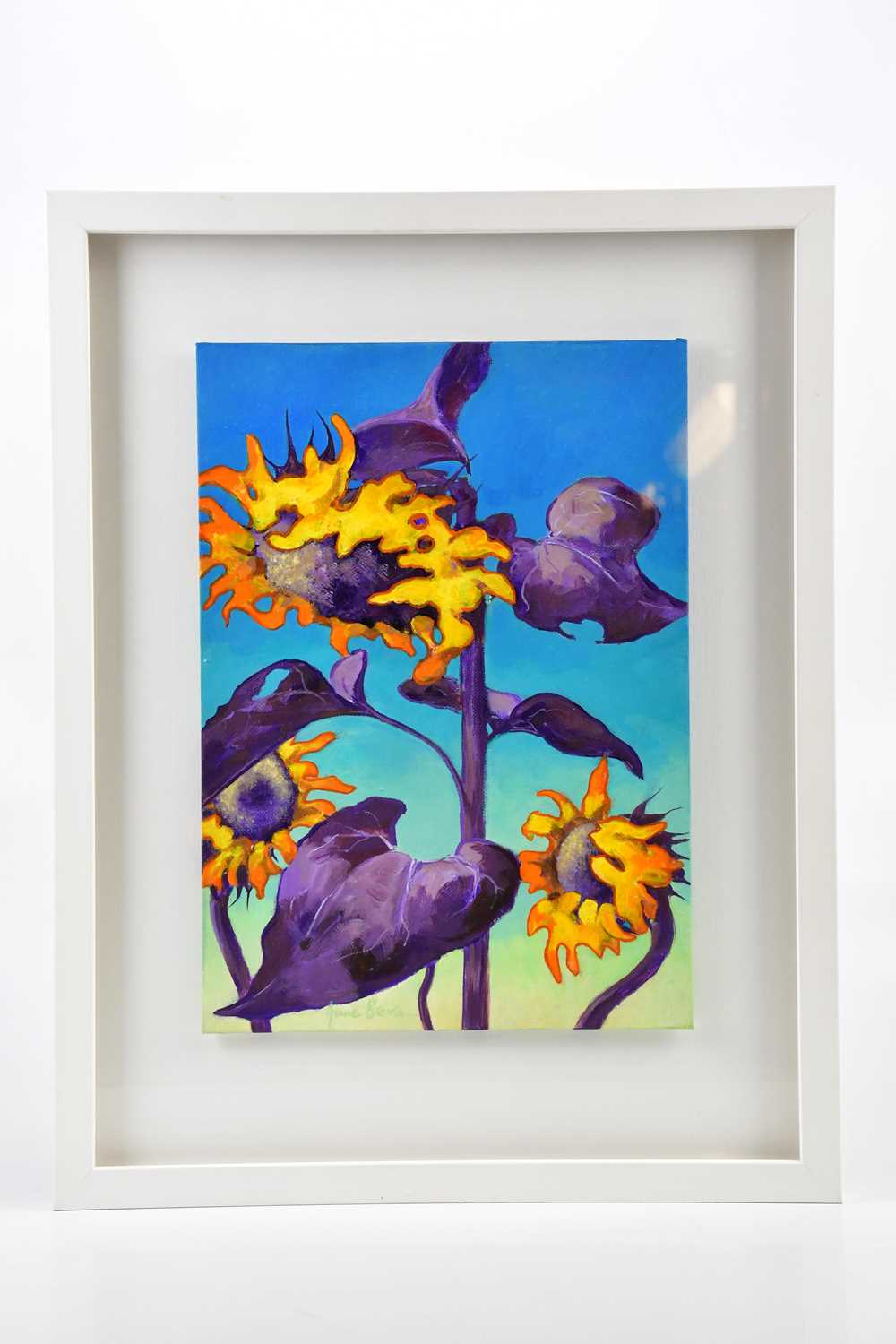 † JUNE BEVAN; a pair of oils on board, 'Sunflowers' and 'Sociable Sunflowers', both signed, 36 x - Image 2 of 2