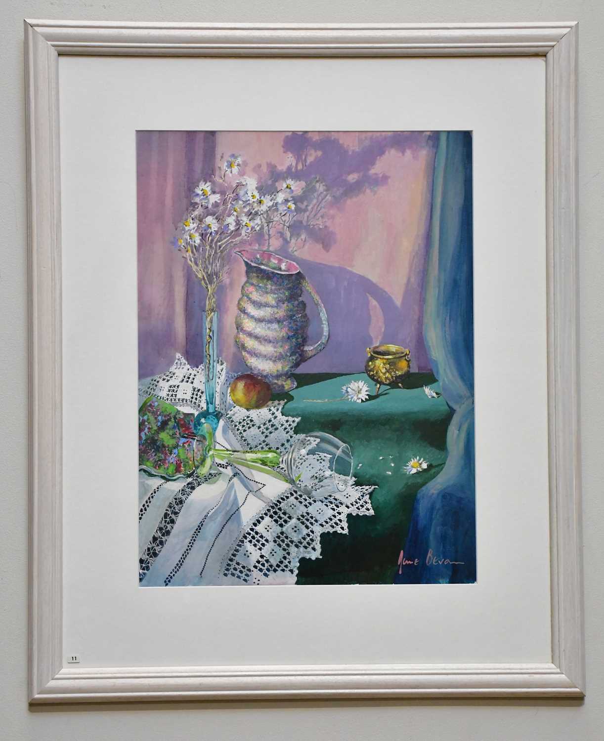 † JUNE BEVAN; watercolour, 'Still Life Crochet and Wine Glass', signed lower right, 50 x 36cm,