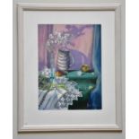 † JUNE BEVAN; watercolour, 'Still Life Crochet and Wine Glass', signed lower right, 50 x 36cm,