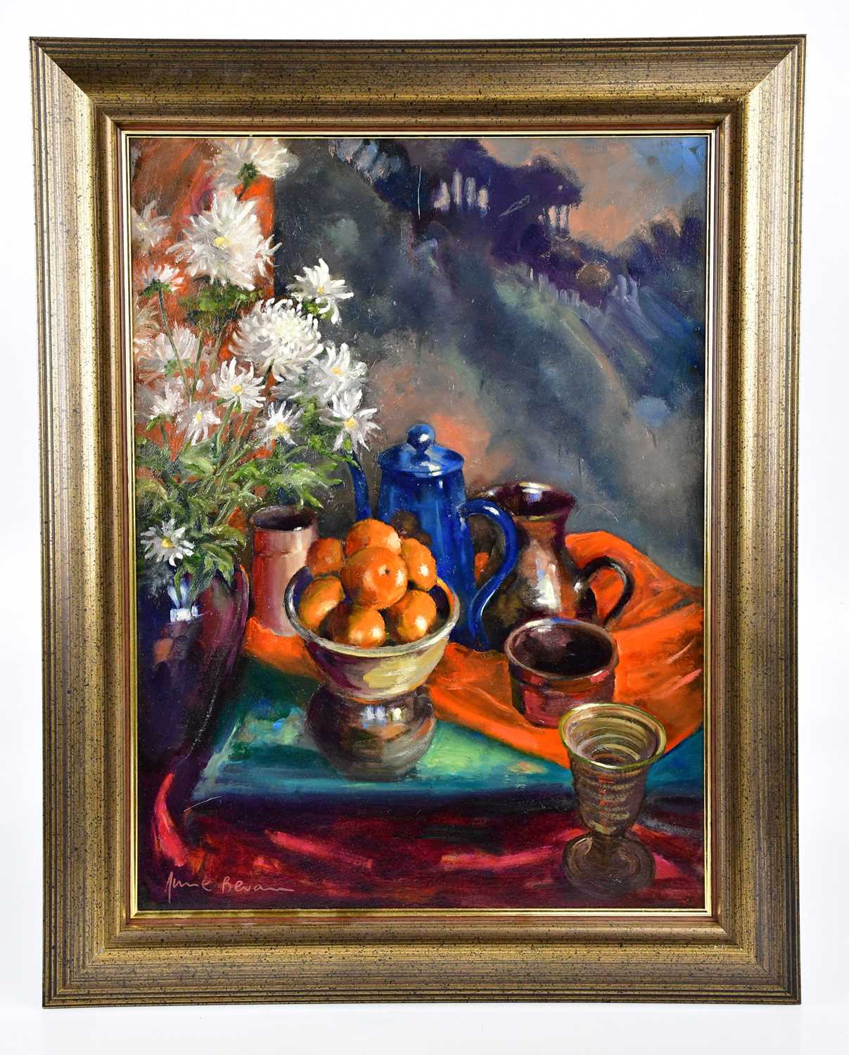 † JUNE BEVAN; oil on board, 'White Chrysanthemums, Clementines and Blue Teapot', signed lower