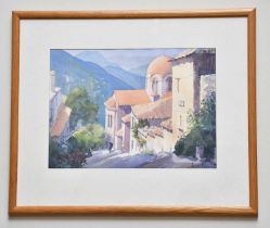 † JUNE BEVAN; watercolour, Church in Delphi, Greece', signed lower right, 30 x 42cm, framed and