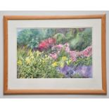 † JUNE BEVAN; watercolour, 'Summer Border Dunham Massey', signed lower right, 35 x 53cm, framed