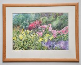 † JUNE BEVAN; watercolour, 'Summer Border Dunham Massey', signed lower right, 35 x 53cm, framed