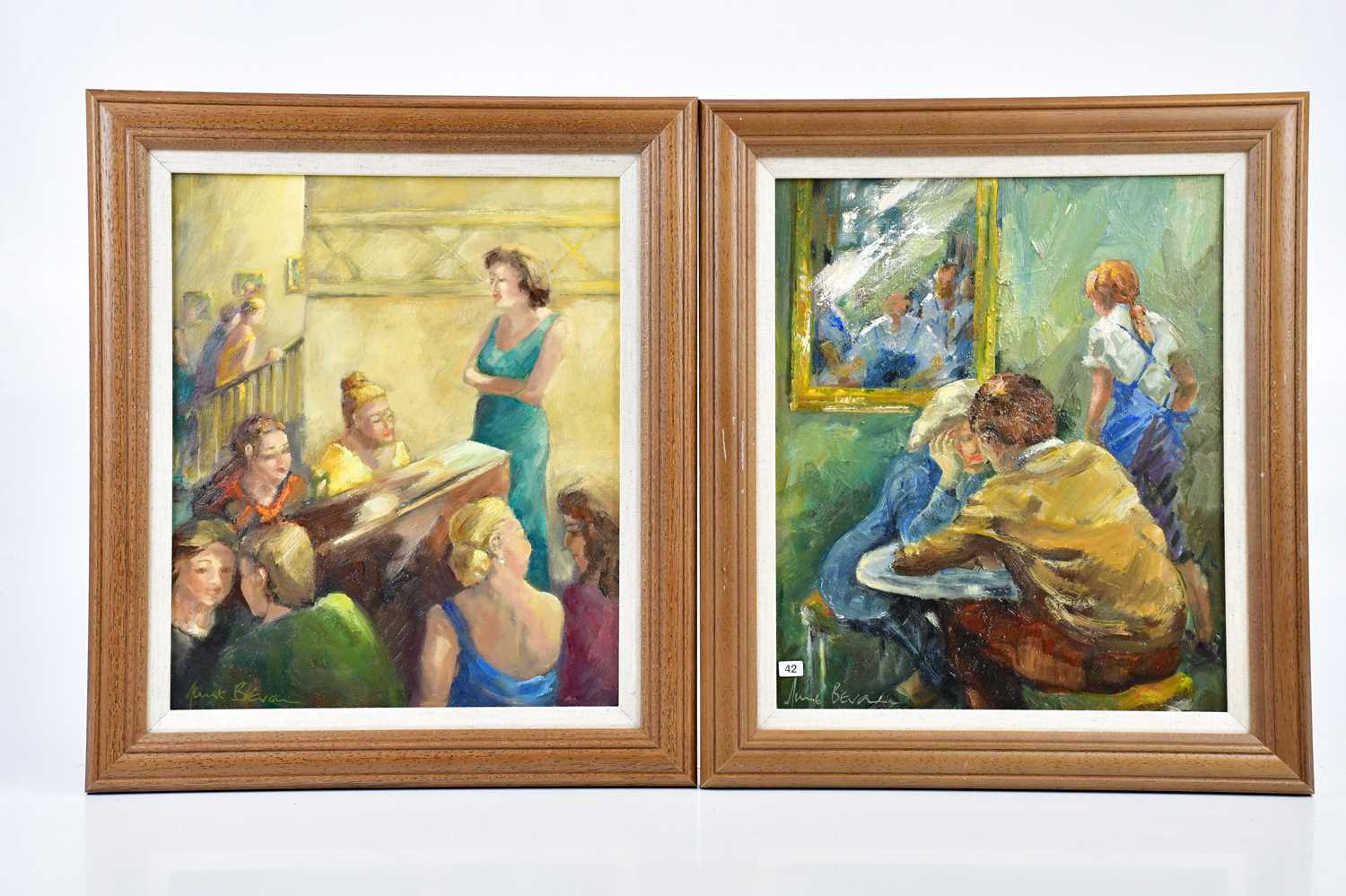 † JUNE BEVAN; a group of five oils on board, 'The Lovers', 'Ladies who Lunch', 'Musical - Image 4 of 4