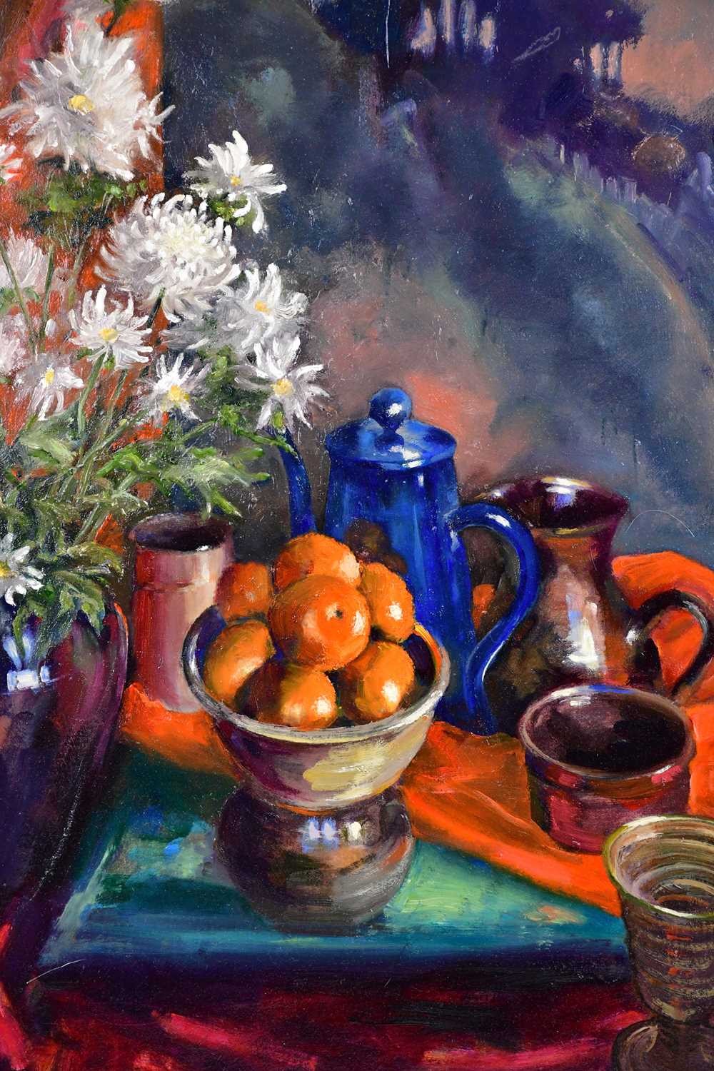 † JUNE BEVAN; oil on board, 'White Chrysanthemums, Clementines and Blue Teapot', signed lower - Image 2 of 2