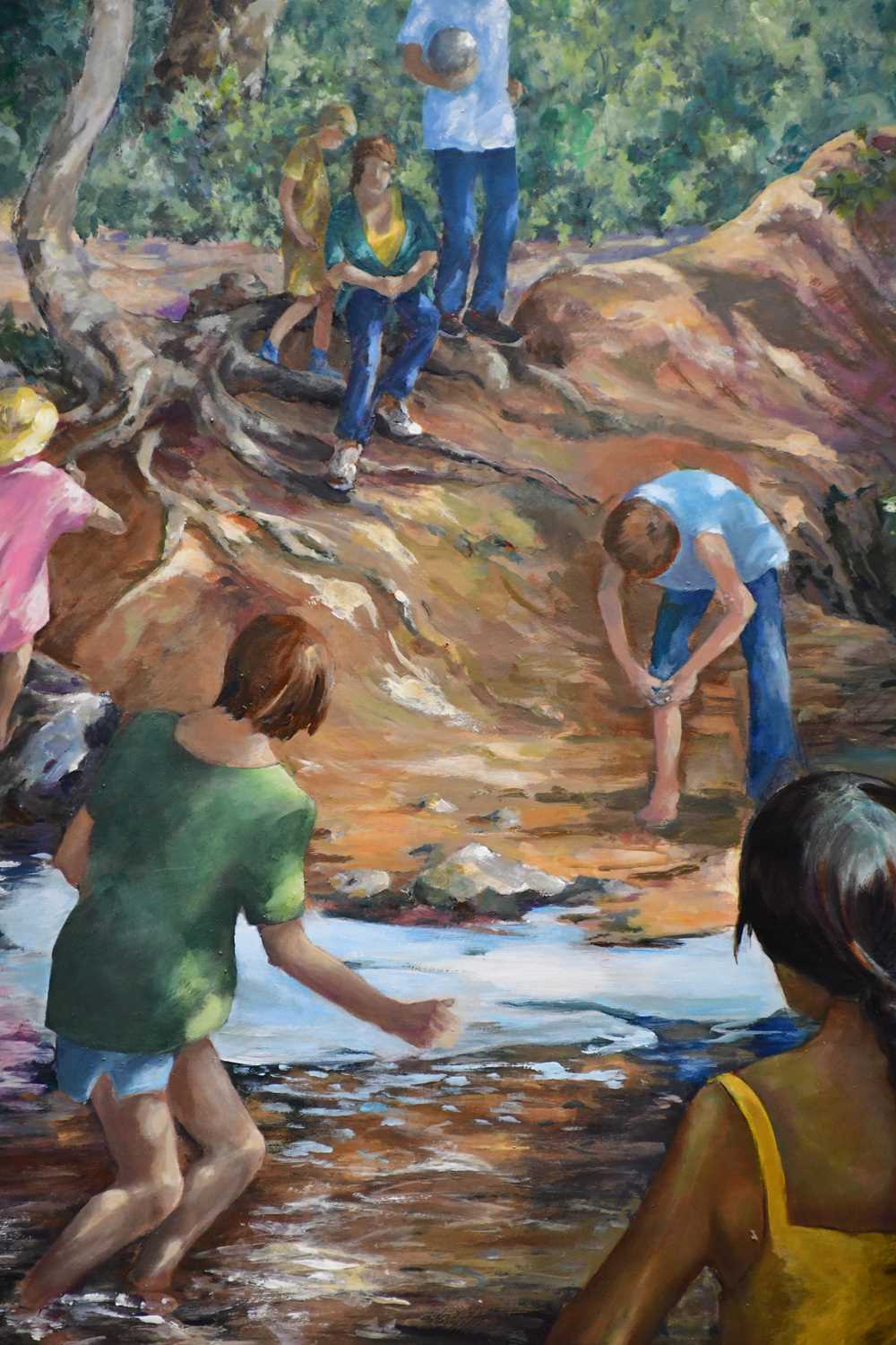 † JUNE BEVAN; oil on board, 'Children Paddling in Bramhall Park', signed lower left, 100 x 75cm, - Image 2 of 2