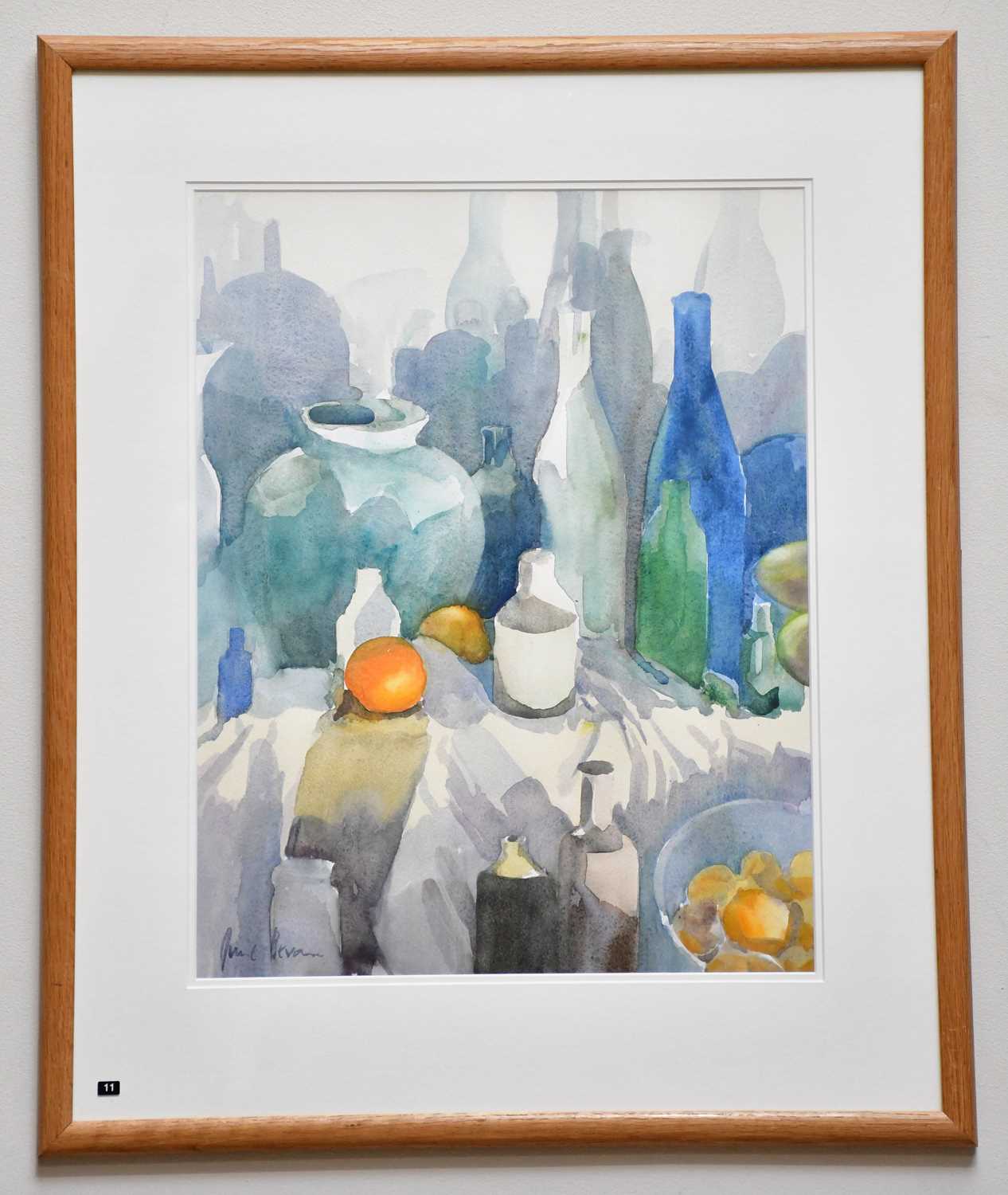 † JUNE BEVAN; watercolour, 'Two Bottles with Orange', signed lower left, 47 x 37cm, framed and