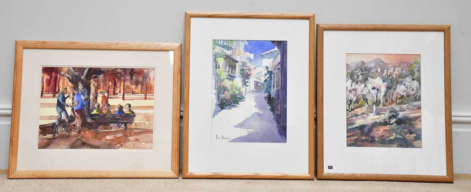 † JUNE BEVAN; a group of three watercolours, 'Intrigued I', 'A Back Street in Limni, Greece' and '