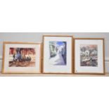 † JUNE BEVAN; a group of three watercolours, 'Intrigued I', 'A Back Street in Limni, Greece' and '