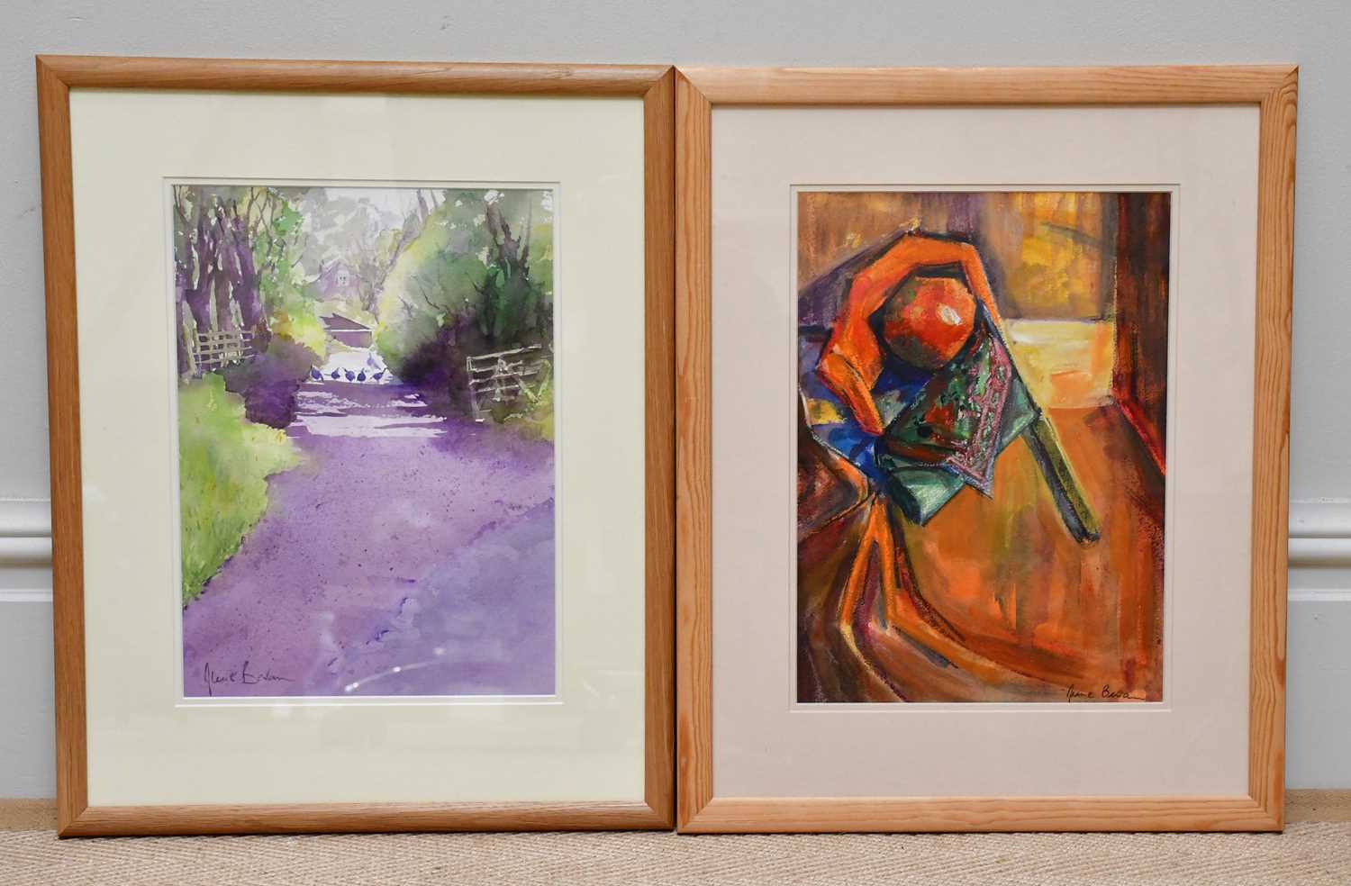 † JUNE BEVAN; a pair of watercolours, 'Orange and Turquoise' and 'Orange and Blue', both signed - Image 2 of 2