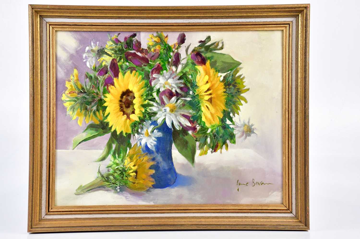 † JUNE BEVAN; two oils on board, 'The Yellow Field' and 'Sunflowers and the Shasta Daisies', both - Image 3 of 3