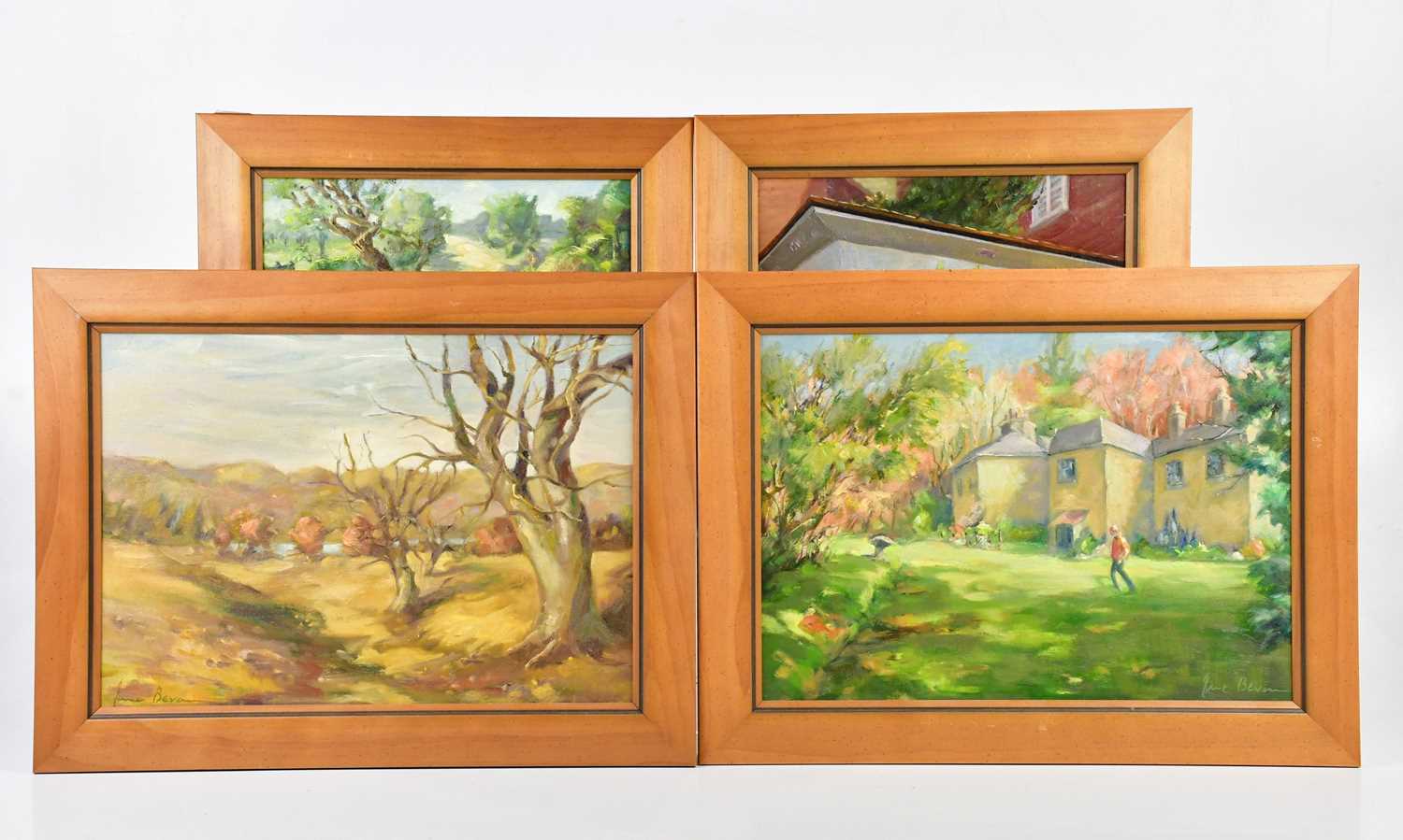 † JUNE BEVAN; four oils on board, 'Springtime in a Country Lane', 'Silent Philipps House', 'In the