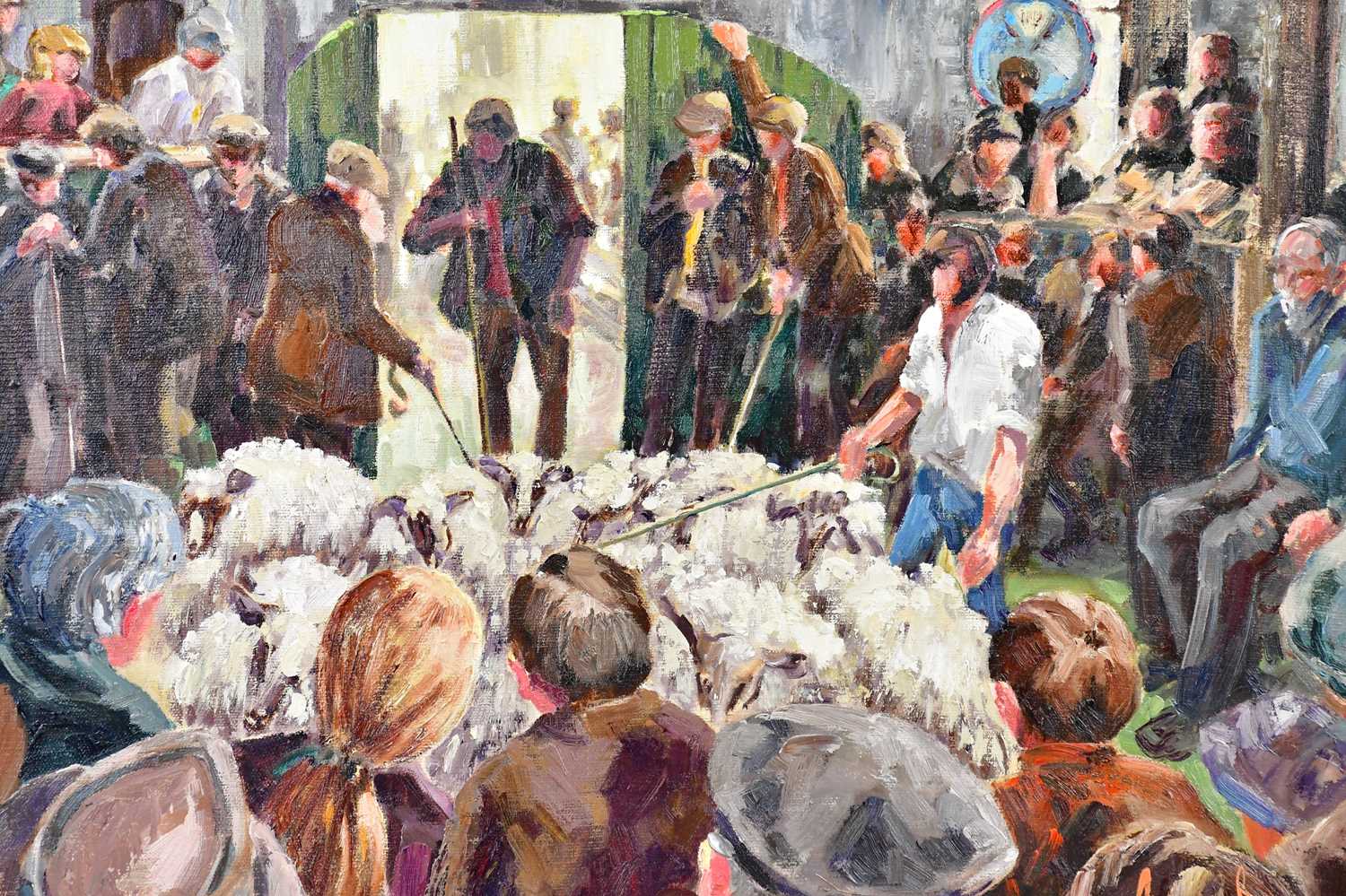 † JUNE BEVAN; oil on board, 'Sheep Auction', signed lower right, 44 x 54cm, framed. - Image 2 of 2