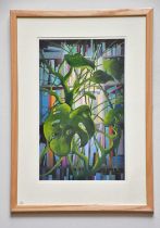 † JUNE BEVAN; acrylic, 'Cheese Plant in Library', signed lower right, 37 x 23cm, framed and glazed.