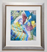 † JUNE BEVAN; watercolour; 'Striped Cloth with Fruit and Flowers', signed lower right, 42 x 35cm,