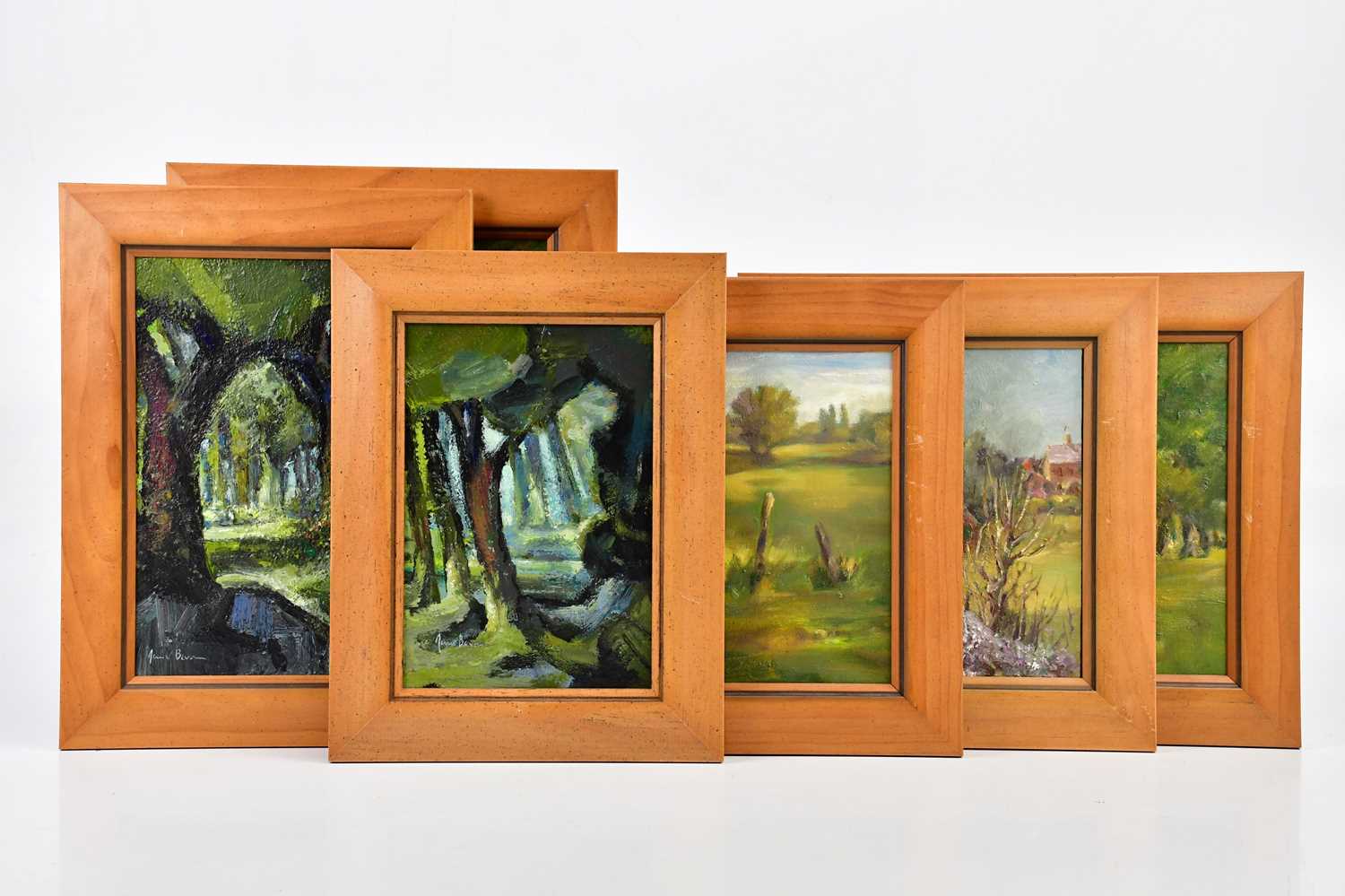 † JUNE BEVAN; a group of six oils on board, 'View through Trees III', 'View through Trees II', 'View