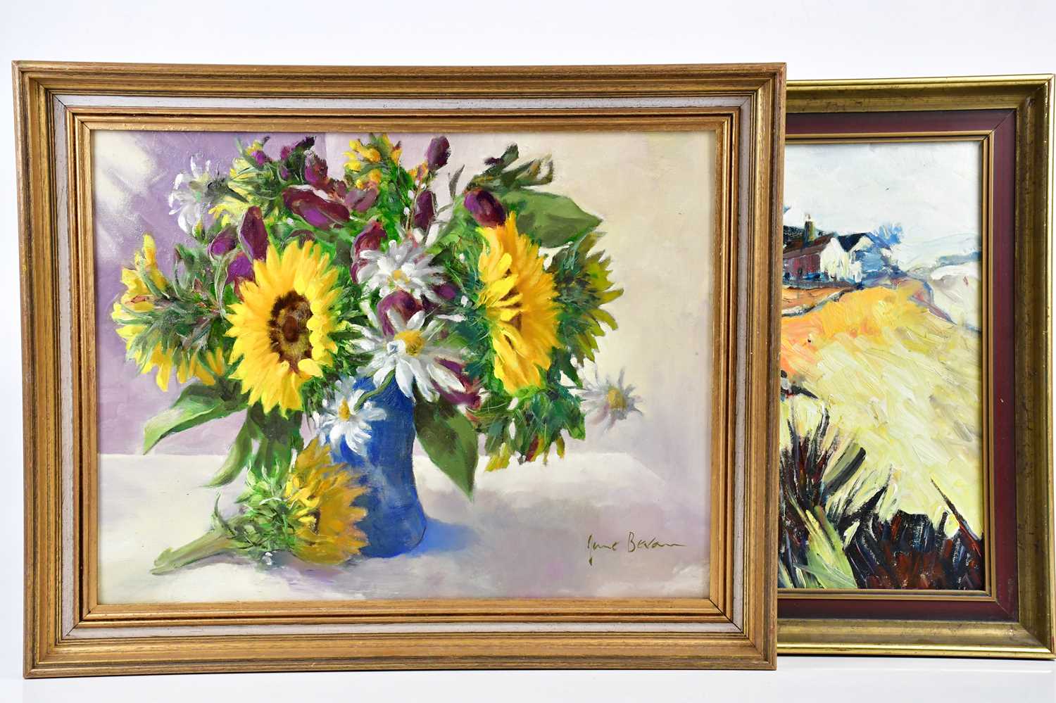 † JUNE BEVAN; two oils on board, 'The Yellow Field' and 'Sunflowers and the Shasta Daisies', both