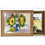 † JUNE BEVAN; two oils on board, 'The Yellow Field' and 'Sunflowers and the Shasta Daisies', both