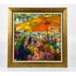 † JUNE BEVAN; oil on canvas, 'French Market Scene', signed lower left, 38 x 38cm, framed.