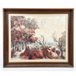 † JUNE BEVAN; oil on board, 'The Fallen Tree', signed lower left, 40 x 50cm, framed.