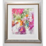 † JUNE BEVAN; watercolour, 'Magenta Lychnis with Purple Silk', signed lower left, 42 x 35cm,