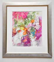 † JUNE BEVAN; watercolour, 'Magenta Lychnis with Purple Silk', signed lower left, 42 x 35cm,